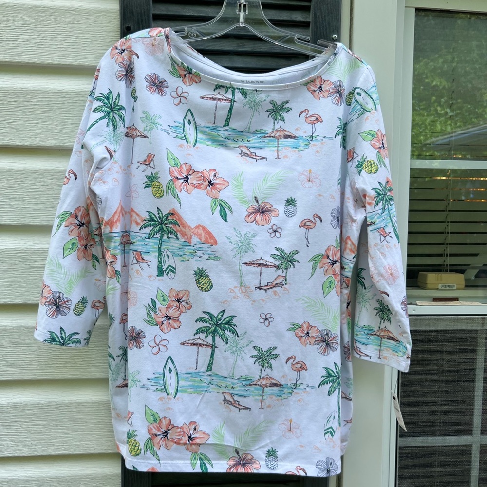 NWT Talbots Pretty Flamingos Palm Trees Tropical Ballet Neck 3/4 Sleeve Top